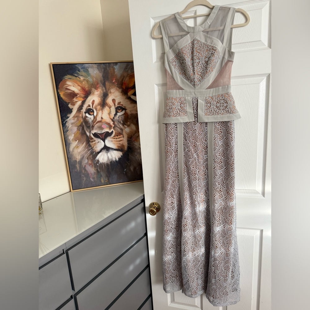 BCBGMaxAzria Light Gray and Blush Lace Overlay Maxi Dress